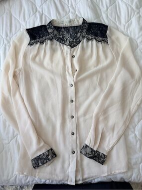 Love Culture Cream Button-Down Blouse with Black Lace